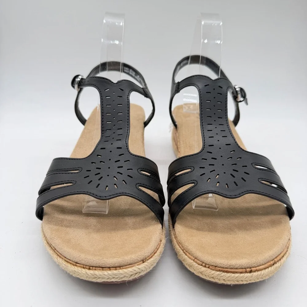 Easy Street Women Black Laser Cut Wedge Espadrille Sandals 31-6731 Size 9.5 W